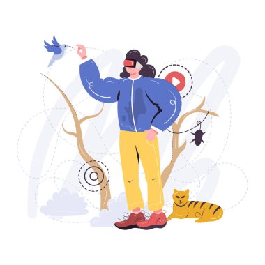 Sırt çantalı, sırt çantalı ve kulaklıklı genç adam kulaklıkla müzik dinliyor. Sonbahar ormanlarında kulaklıklı, modaya uygun giyinen erkek karakterin vektör çizimi