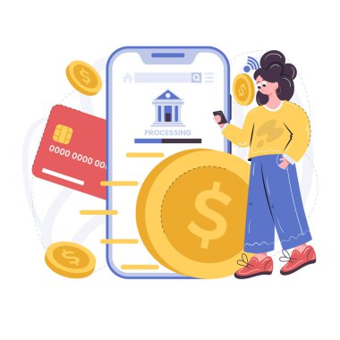 İnternetten alışveriş. Kırmızı elbiseli bir kadının elinde elektronik bankası olan bir akıllı telefon var. düz biçim illüstrasyonu.