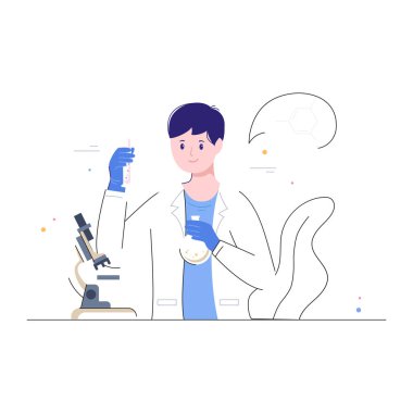 Mikroskobu olan üniformalı genç bir erkek doktor..