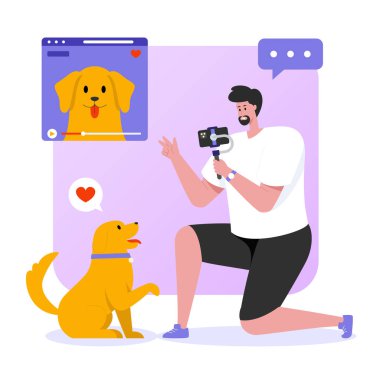 Özçekimi olan köpek, insan ve akıllı telefon, vektör illüstrasyonu