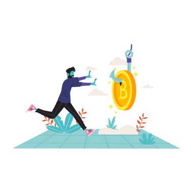 İş başarısı, iş adamı bir hedefe koşuyor. beyaz arkaplanda izole edilmiş düz çizgi film vektör çizimi. Paralı ve paralı iş adamı.