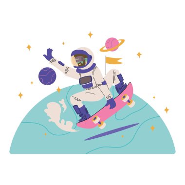 Roket ve gezegen vektör çizimine sahip astronot