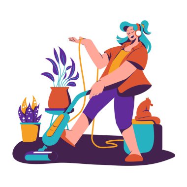 Çiçekleri bahçe aletleriyle sulayan kadın vektör illüstrasyonu