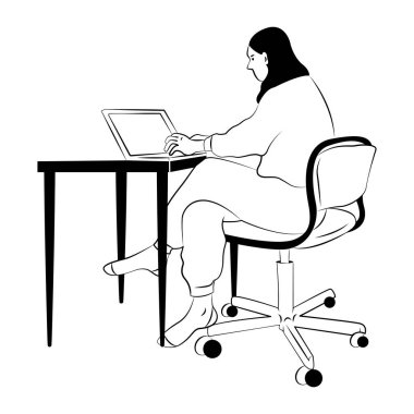 Beyaz arkaplan vektör resimli dizüstü bilgisayar kullanan kadın