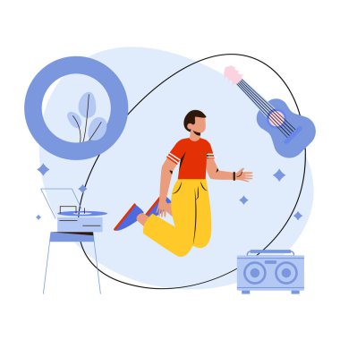 Gitarlı ve kulaklıklı bir adam müzik çalıyor..