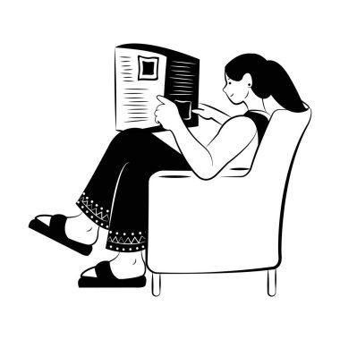 Kitaplı kadın koltuk vektörü illüstrasyonunda oturuyor.
