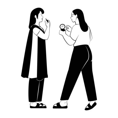 İki kız konuşuyor, siyah beyaz çizim