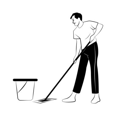 Beyaz arka planda süpürgesi ve süpürgesi olan genç bir adam.