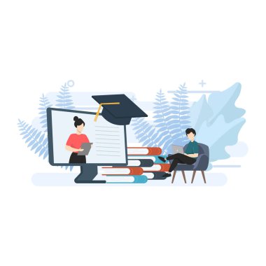 Öğrenciler bir dizüstü bilgisayarda, çevrimiçi sınıfta, öğrenim ve eğitim kavramında