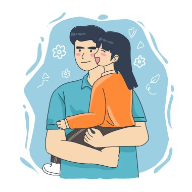 Mutlu genç çift kucaklaşıp sarılıyor. vektör illüstrasyonu