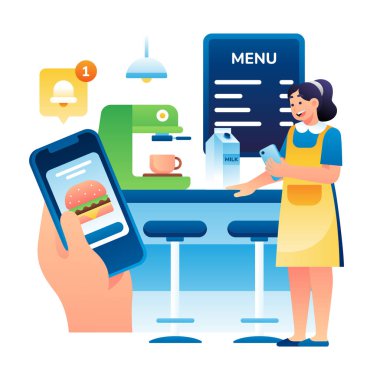 Kafedeki kadının vektör illüstrasyonu.