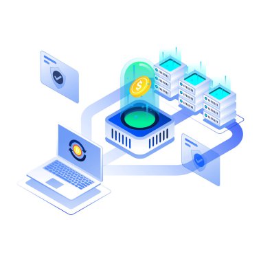 Bitcoin ile bir bilgisayarın izometrik çizimi.