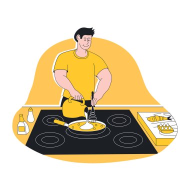 Mutfakta yemek ve yemek hazırlayan genç bir adam.