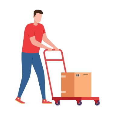 Elinde karton kutular ve malzeme vektörü çizimleri olan bir adam.