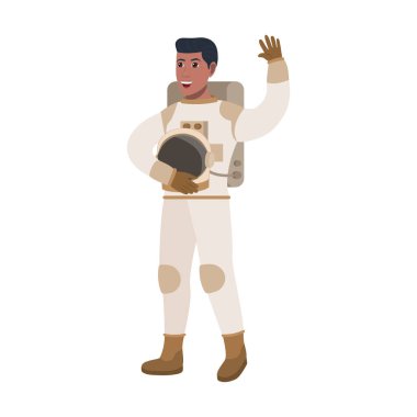 Beyaz arkaplan vektör illüstrasyonunda kasklı ve takım elbiseli astronot adam.