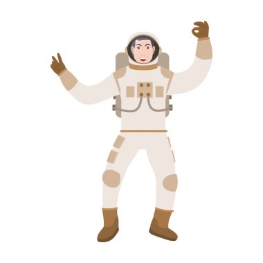 Takım elbiseli ve kasklı astronot. Elleri kafasında.