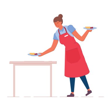 Önlüklü bayan garson yemek servisi yapıyor.