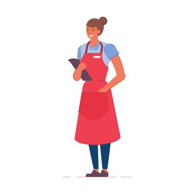 Kadın şef karakter tepsiyi yiyecek ve içecekle tutuyor.