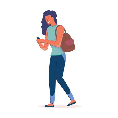 Akıllı telefon karakteri kullanan genç kadın.