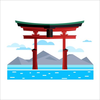 Japonya kapısı ve dağ vektör çizimi tasarımı