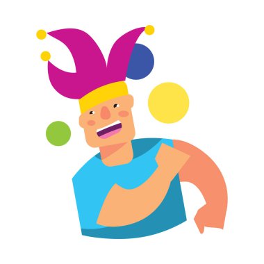 Maskeli yalnız bir adam, mutlu ve komik.