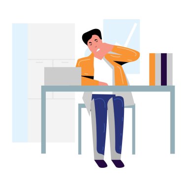 Masada dizüstü bilgisayarla oturan yorgun adam.