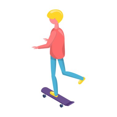 Genç adam beyaz arka planda kaykaya biniyor.