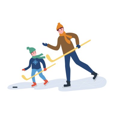Baba ve oğul vektör illüstrasyonuyla buz pateni