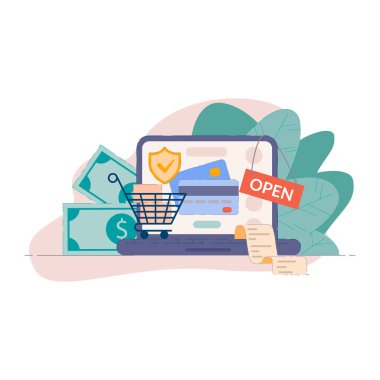Çevrimiçi alışveriş, internet ödeme kavramı, e - ticaret ve çevrimiçi ödeme, vektör illüstrasyonu