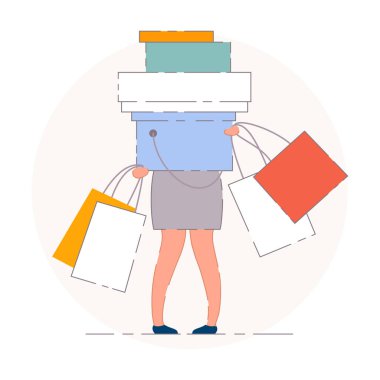 Alışveriş arabası ve çanta taşıyan kadın vektör çizimi