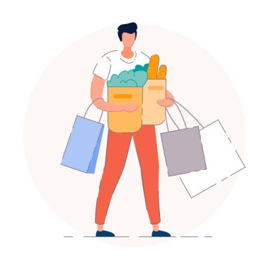 Alışveriş torbaları ve ellerinde yiyeceklerle teslimatçı. Elinde yiyecek poşeti ve yiyecek olan bir adam. vektör illüstrasyonu