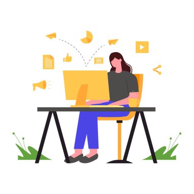 Dizüstü bilgisayarda çalışan bir kadının düz stil çizimi.