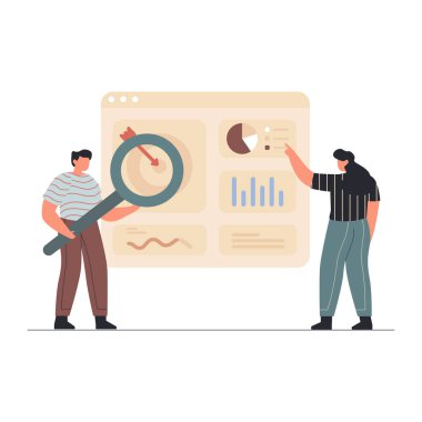 Bir iş adamının vektör çizimi, bir şirkette çalışmak. Genç bir adam ve bir kadın ellerinde büyüteçle ofiste..