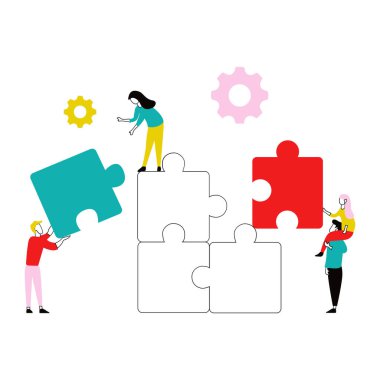 Yapboz parçalarıyla takım çalışması ve kadın ve erkek.