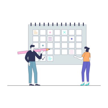 Kalemi ve takvimi olan bir kadın ve erkeğin vektör çizimi, planlama konsepti