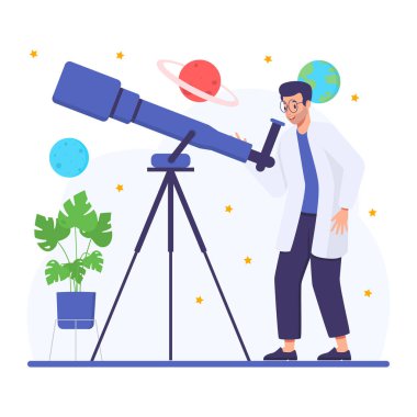 Gezegenlerin arka planında teleskop ve teleskopu olan bir adam.