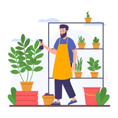 Bahçe vektör illüstrasyon tasarımında bitkileri olan adam