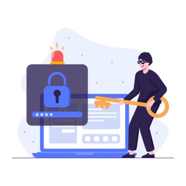 Dizüstü bilgisayarı olan hacker ve asma kilit vektör çizimi tasarımı