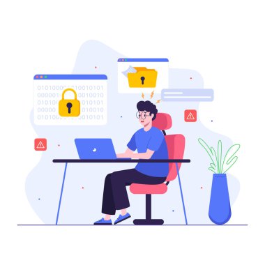 Dizüstü bilgisayarı olan bir adamın düz çizimi, vektör illüstrasyonu, 10 adet dosya, düzenlenmesi kolay