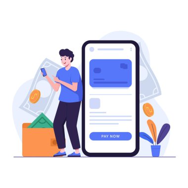 Akıllı telefon ve alışveriş çantası vektör çizimi tasarımı olan bir adam