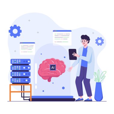 Büyük verileri olan bir adam ve bilgisayarın düz çizimi. Yapay zeka kavramı.