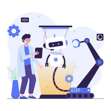 Düz dizaynlı dizüstü bilgisayarı olan robot ve robot..