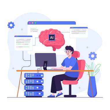 Beyni ve beyni olan bir bilgisayarın düz dizaynının vektör çizimi