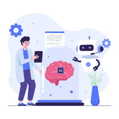 ai yapay zeka. Robot ai öğrenimi. Yapay zeka. ai öğrenme, yapay zeka. Yapay zeka konsepti. düz tasarım vektör çizimi beyaz üzerine izole edildi