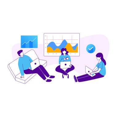 Dizüstü bilgisayarlı iş adamlarının düz stil çizimi