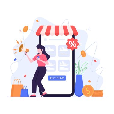 Çevrimiçi alışveriş, e-ticaret, online alışveriş düz vektör çizimi. Kadın yiyecek alıyor, internetten alışveriş yapıyor, mal alıyor, mal alıyor. Web pankartı
