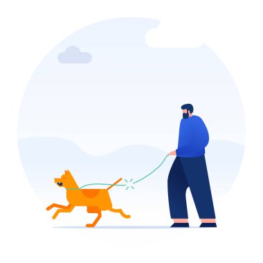 Düz tasarım içinde yürüyen köpekli genç adam.