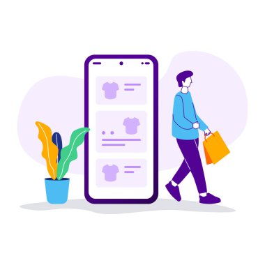 Akıllı telefonu, alışverişi ve online alışverişi olan adam, vektör çizimi tasarımı