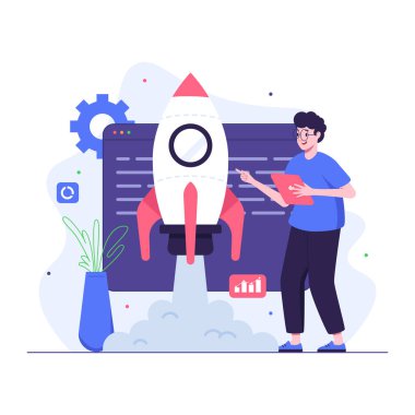 Roket ve roketli takım elbiseli bir iş adamı, başlangıç, başlangıç konsepti, vektör illüstrasyonu