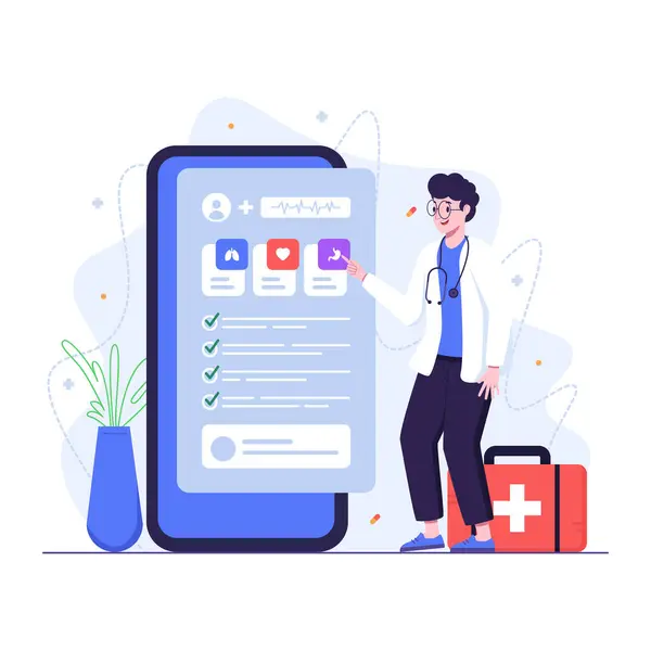 Akıllı telefonlu doktor, tıbbi bakım vektörü çizimi, düz tasarım.